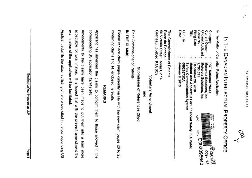 Document de brevet canadien 2793591. Poursuite-Amendment 20130108. Image 1 de 6