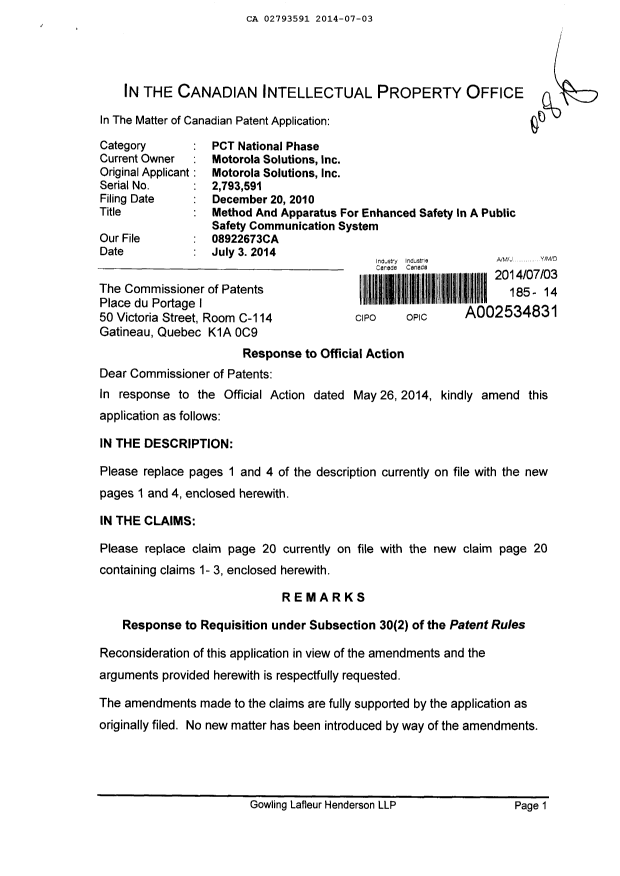 Document de brevet canadien 2793591. Poursuite-Amendment 20140703. Image 1 de 6