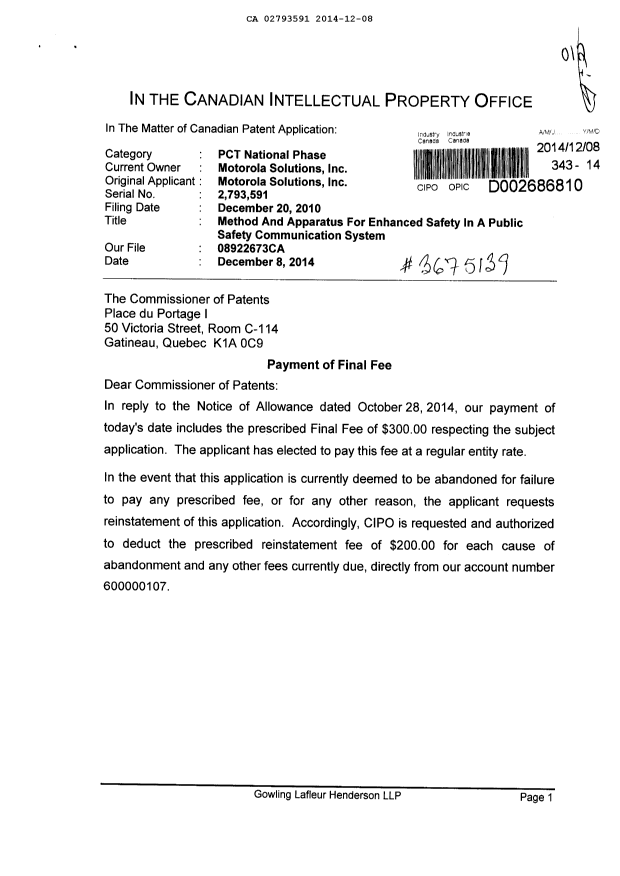 Document de brevet canadien 2793591. Correspondance 20141208. Image 1 de 2