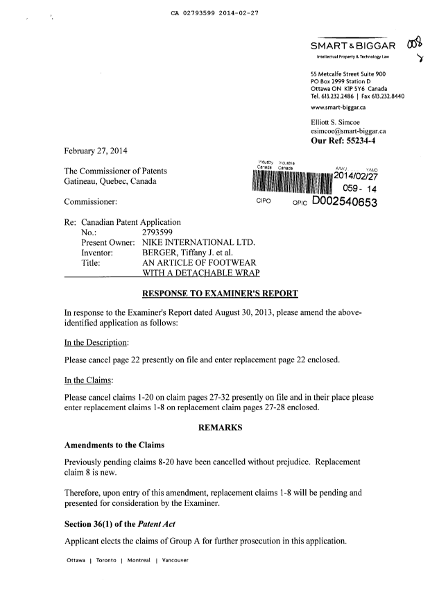 Canadian Patent Document 2793599. Prosecution-Amendment 20140227. Image 1 of 5
