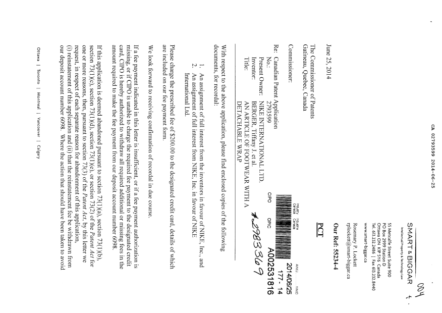 Document de brevet canadien 2793599. Cession 20140625. Image 1 de 8
