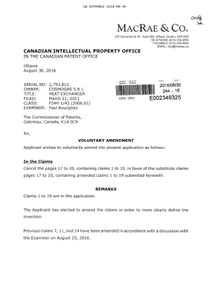 Document de brevet canadien 2793812. Modification 20160830. Image 1 de 6