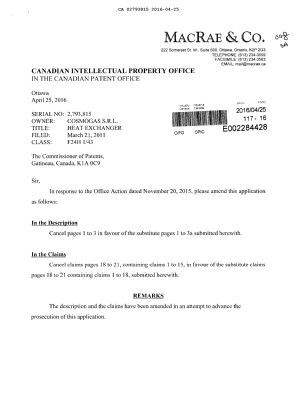 Document de brevet canadien 2793815. Modification 20160425. Image 1 de 10