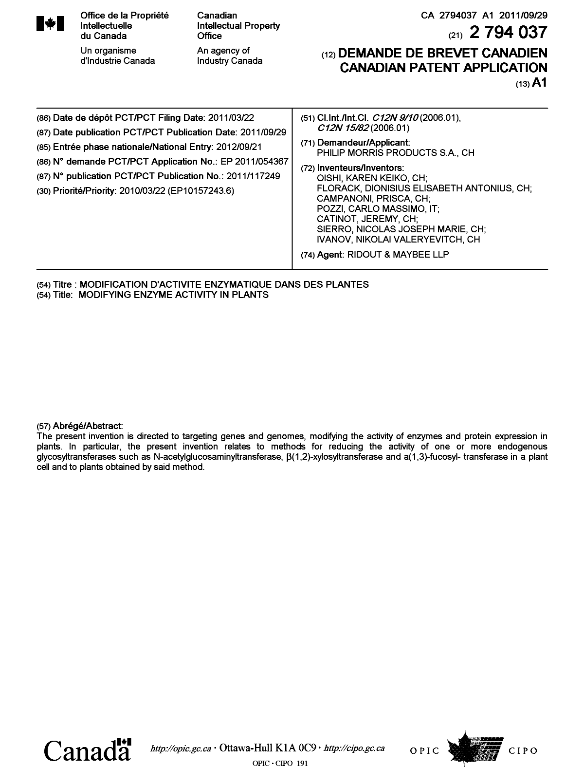 Canadian Patent Document 2794037. Cover Page 20121120. Image 1 of 1