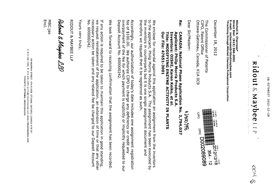 Document de brevet canadien 2794037. Cession 20121218. Image 1 de 15