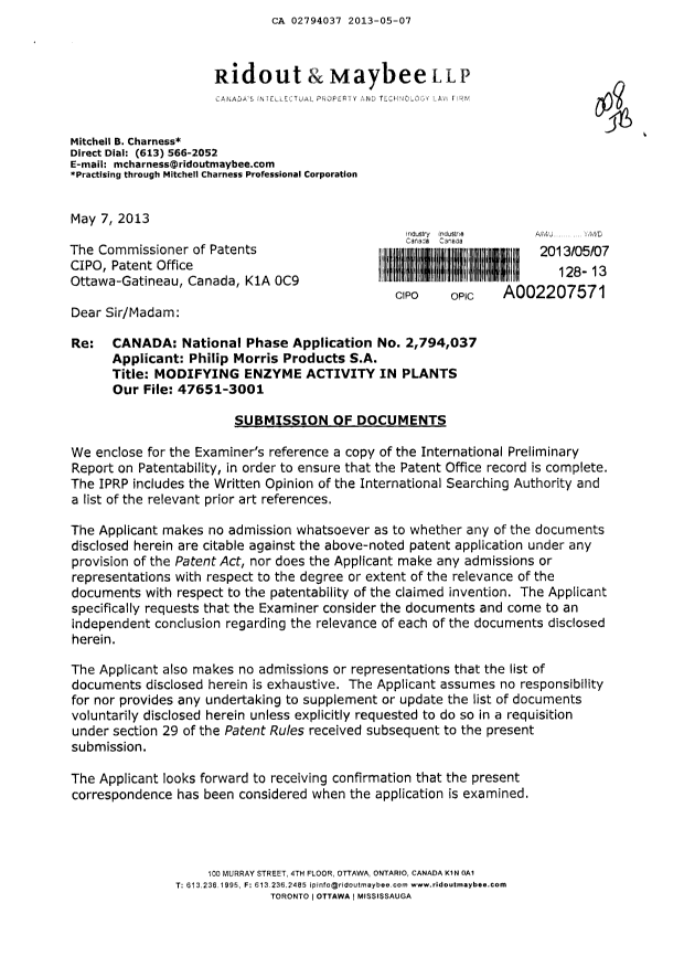 Document de brevet canadien 2794037. Poursuite-Amendment 20130507. Image 1 de 2
