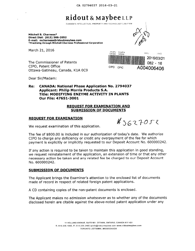 Document de brevet canadien 2794037. Correspondance de la poursuite 20160321. Image 1 de 2