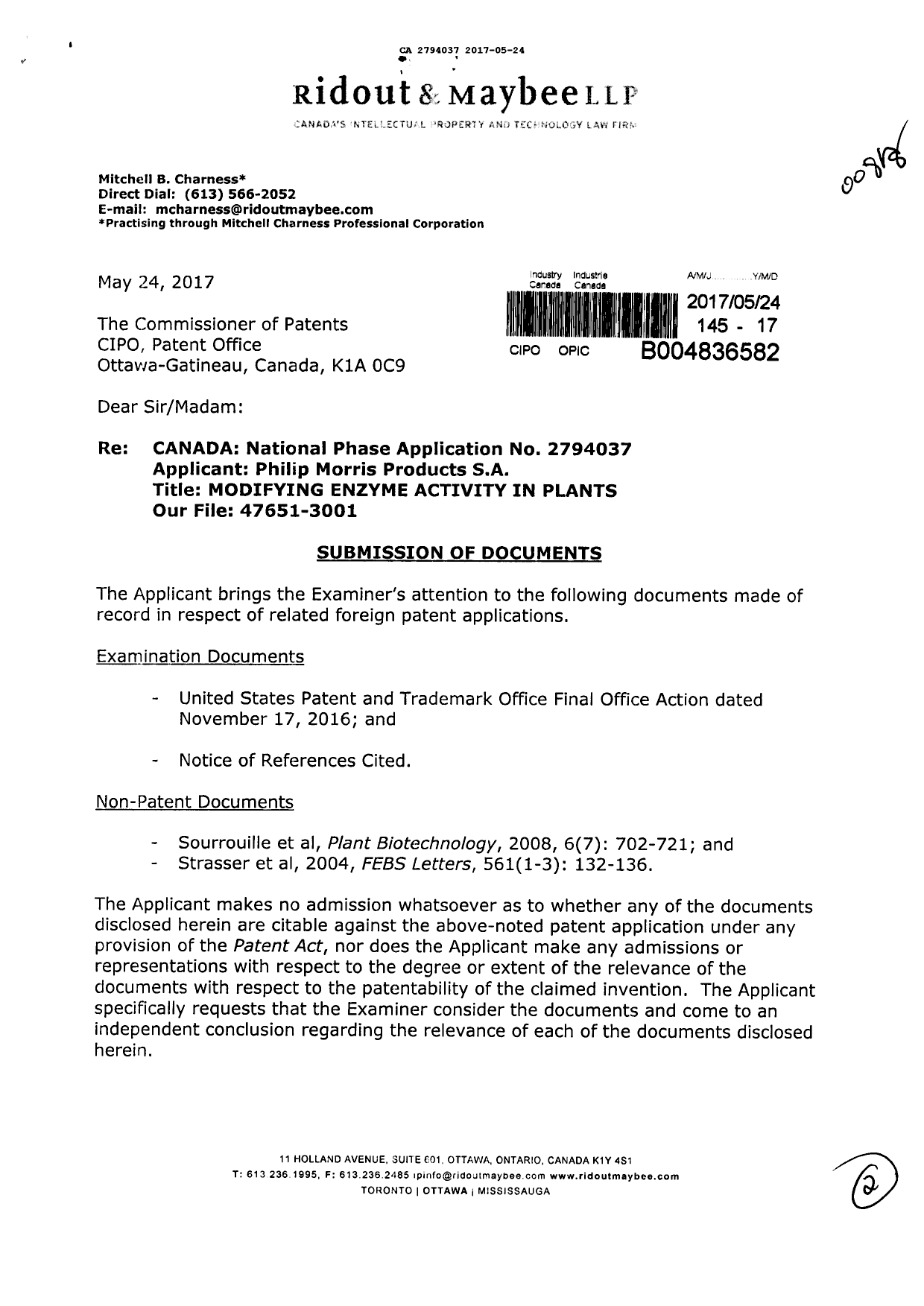 Document de brevet canadien 2794037. Modification 20170524. Image 1 de 2