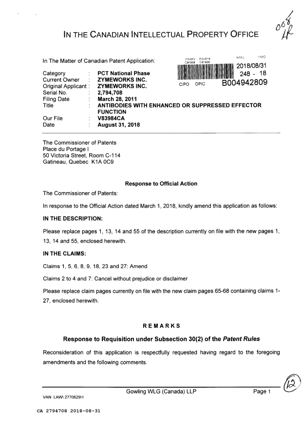 Document de brevet canadien 2794708. Modification 20180831. Image 1 de 12