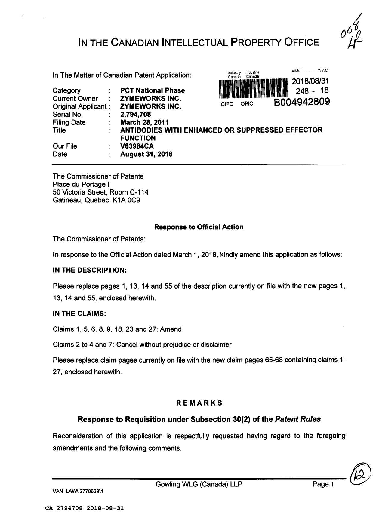 Canadian Patent Document 2794708. Amendment 20180831. Image 1 of 12