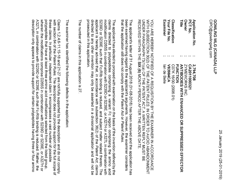 Document de brevet canadien 2794708. Demande d'examen 20190125. Image 1 de 3
