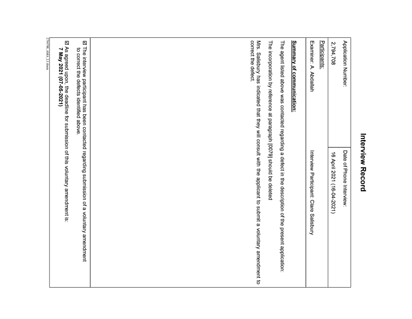 Document de brevet canadien 2794708. Enregistrer une note relative à une entrevue (Acti 20210416. Image 1 de 1