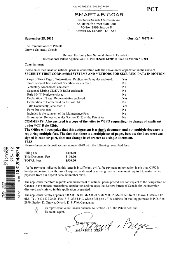 Canadian Patent Document 2795206. Assignment 20120928. Image 1 of 10