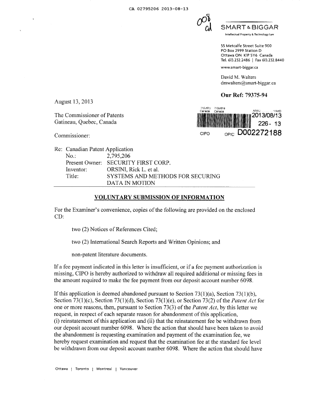 Canadian Patent Document 2795206. Prosecution Correspondence 20130813. Image 1 of 2