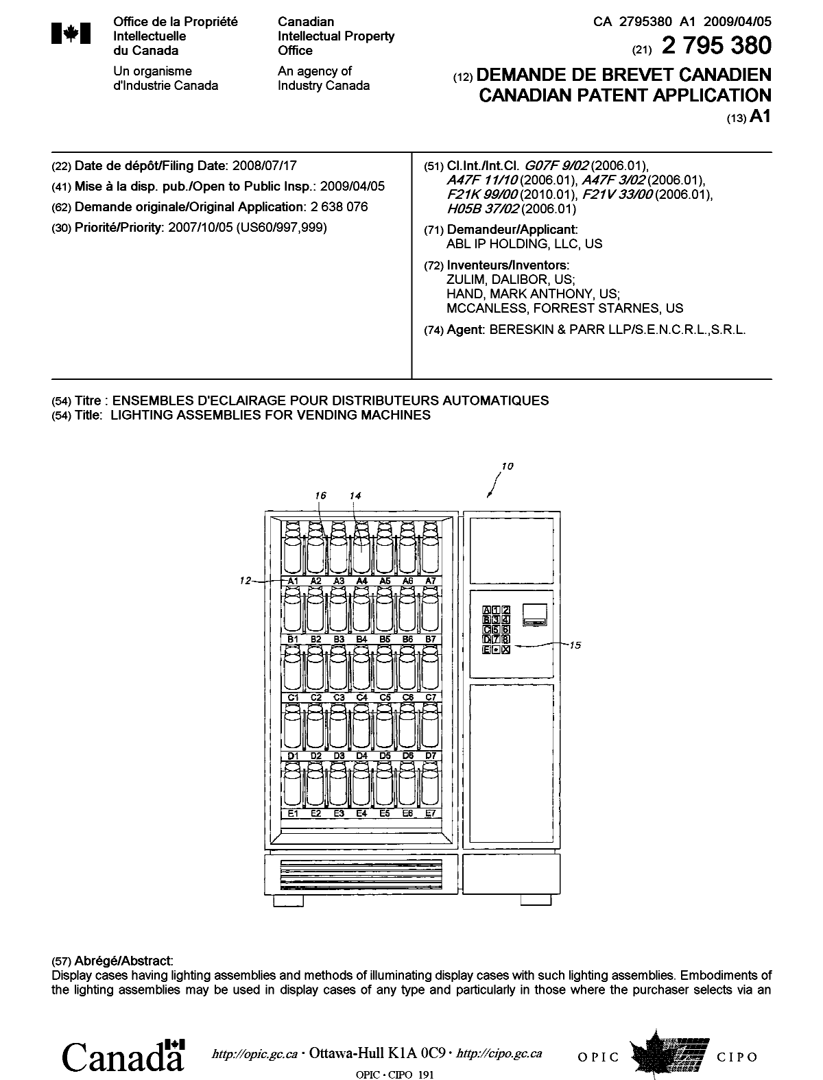 Document de brevet canadien 2795380. Page couverture 20130121. Image 1 de 2