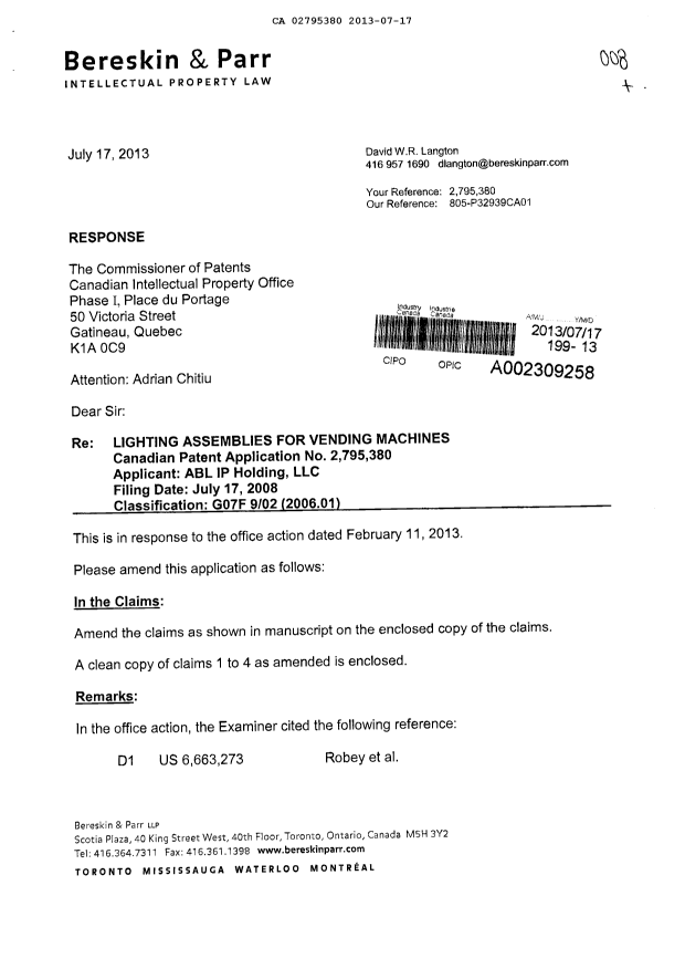 Document de brevet canadien 2795380. Poursuite-Amendment 20130717. Image 1 de 7