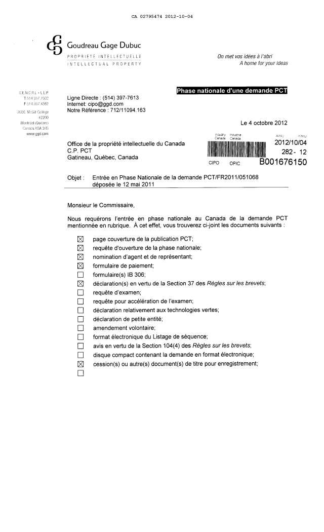 Document de brevet canadien 2795474. Cession 20121004. Image 1 de 6
