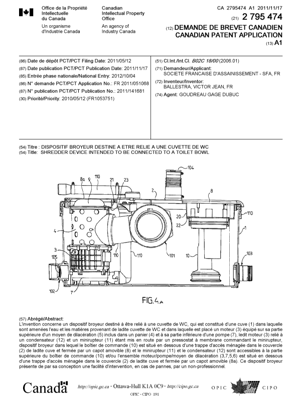 Document de brevet canadien 2795474. Page couverture 20121203. Image 1 de 1