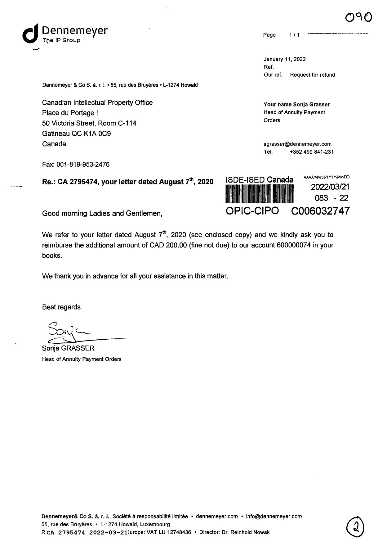 Canadian Patent Document 2795474. Refund 20220321. Image 1 of 2