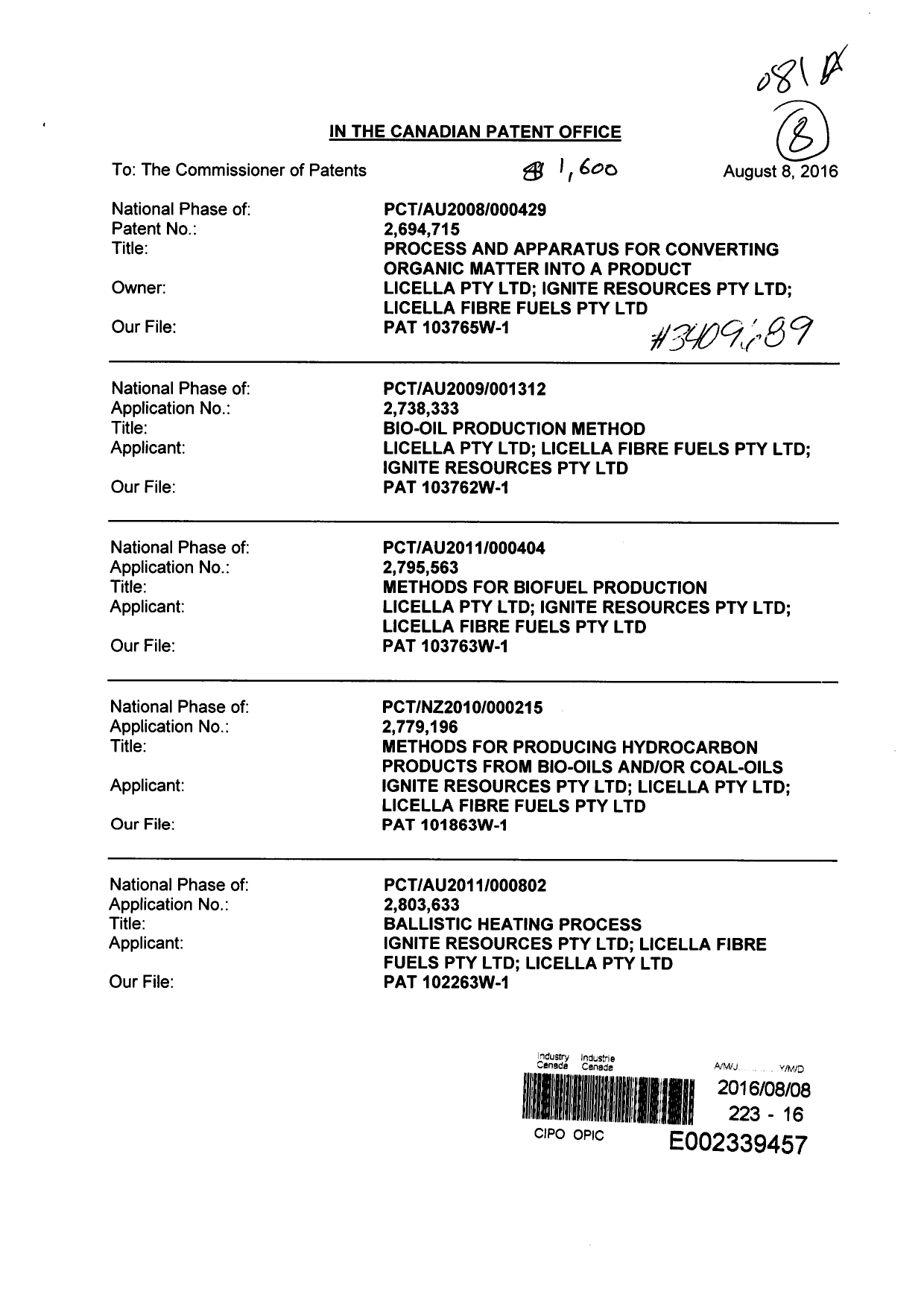 Document de brevet canadien 2795563. Cession 20160808. Image 1 de 80