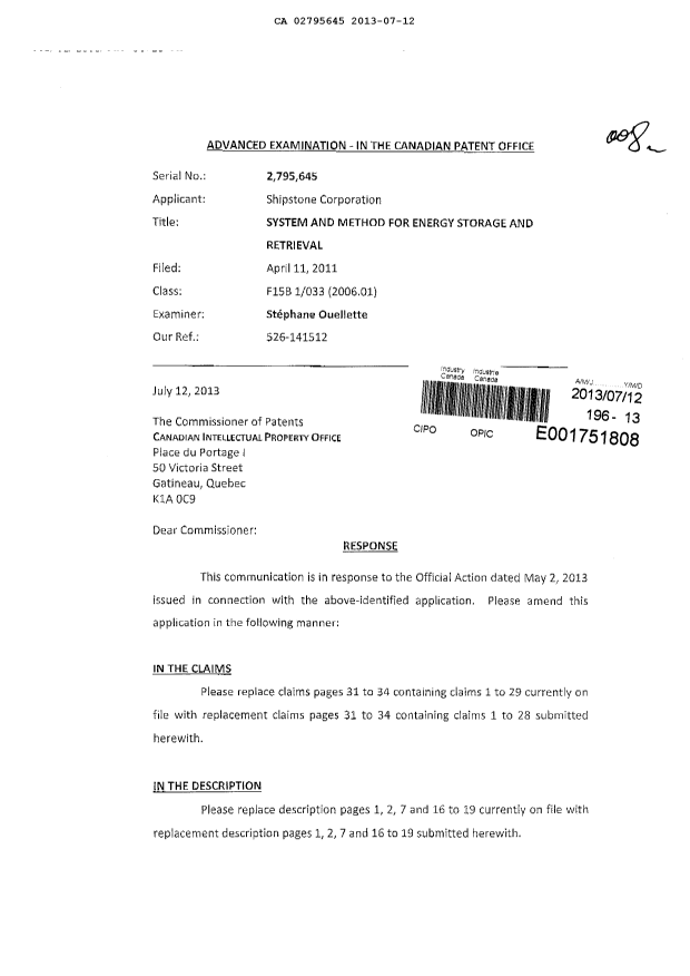 Canadian Patent Document 2795645. Prosecution-Amendment 20121212. Image 1 of 18