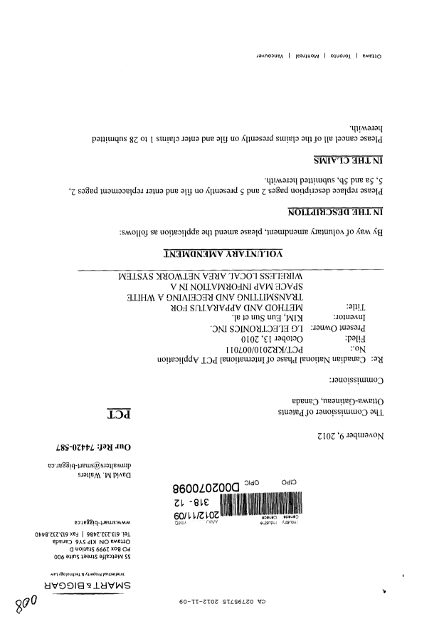 Document de brevet canadien 2795715. Poursuite-Amendment 20121109. Image 1 de 13