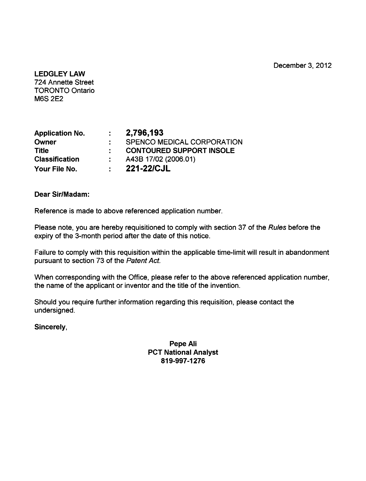 Document de brevet canadien 2796193. Correspondance 20121203. Image 1 de 1