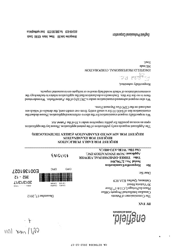 Document de brevet canadien 2796304. Poursuite-Amendment 20111217. Image 1 de 1