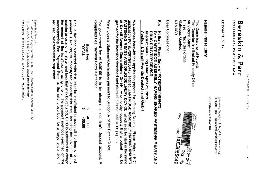 Document de brevet canadien 2796562. Cession 20121016. Image 1 de 5