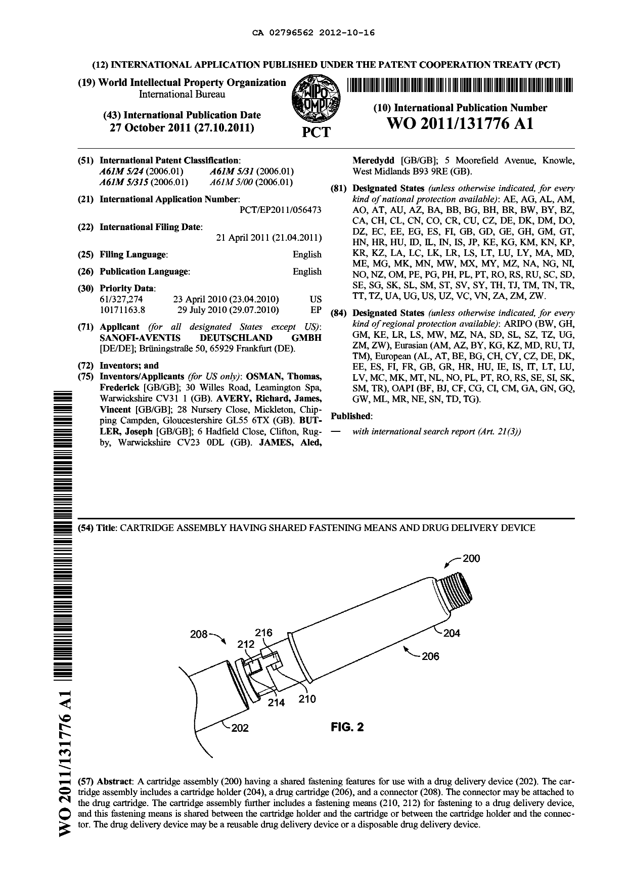 Document de brevet canadien 2796562. Abrégé 20121016. Image 1 de 1