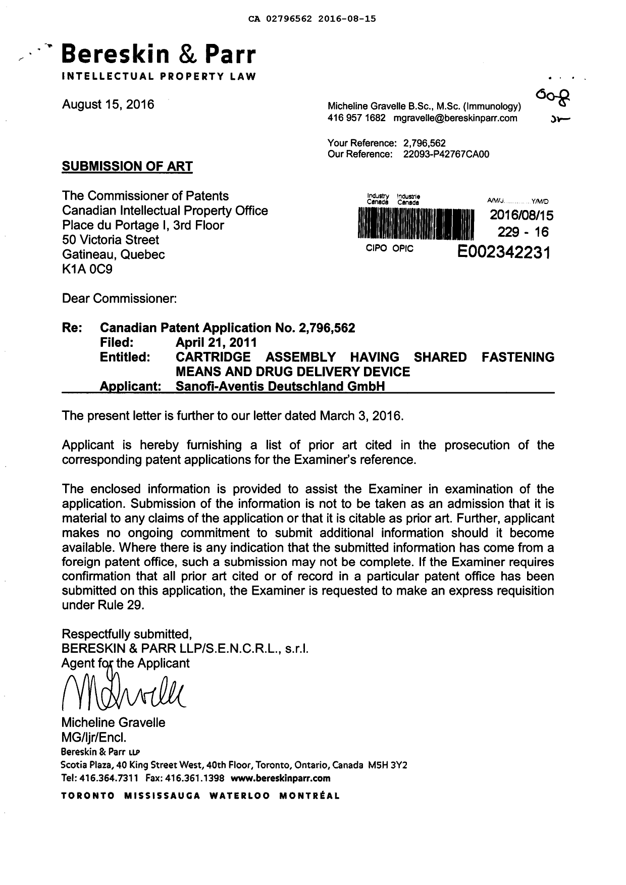 Document de brevet canadien 2796562. Modification 20160815. Image 1 de 1