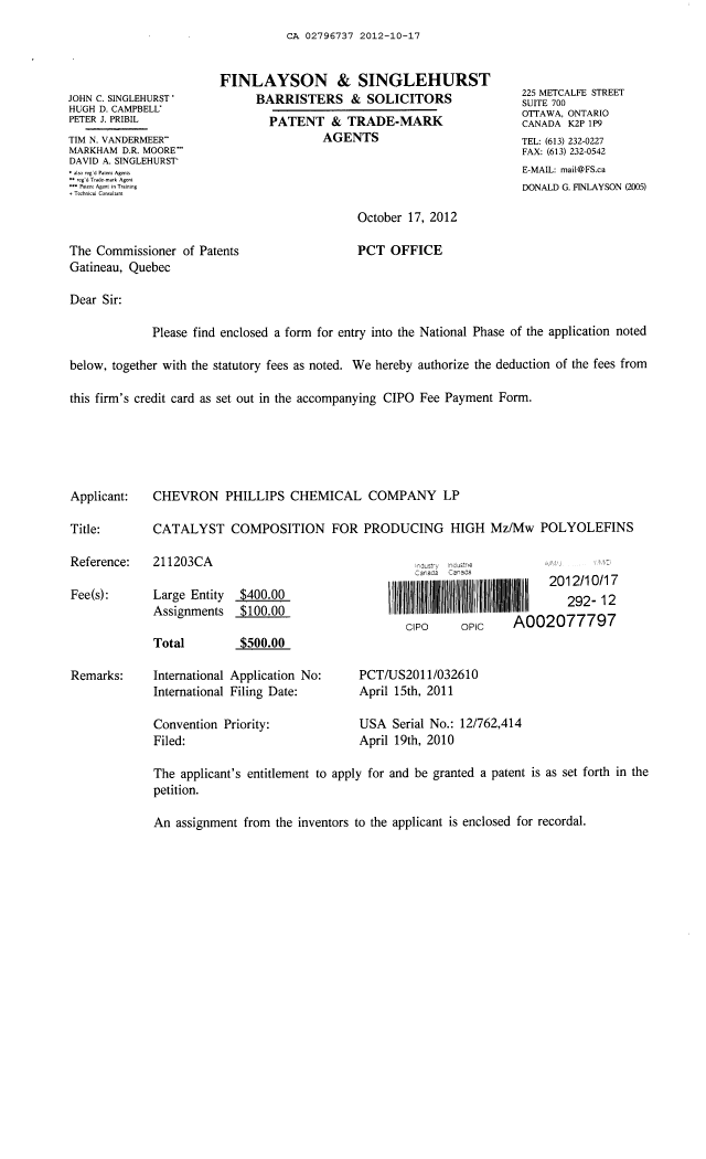 Document de brevet canadien 2796737. Cession 20121017. Image 1 de 7