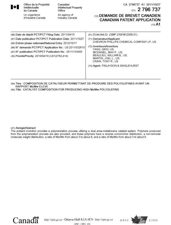 Document de brevet canadien 2796737. Page couverture 20121211. Image 1 de 1