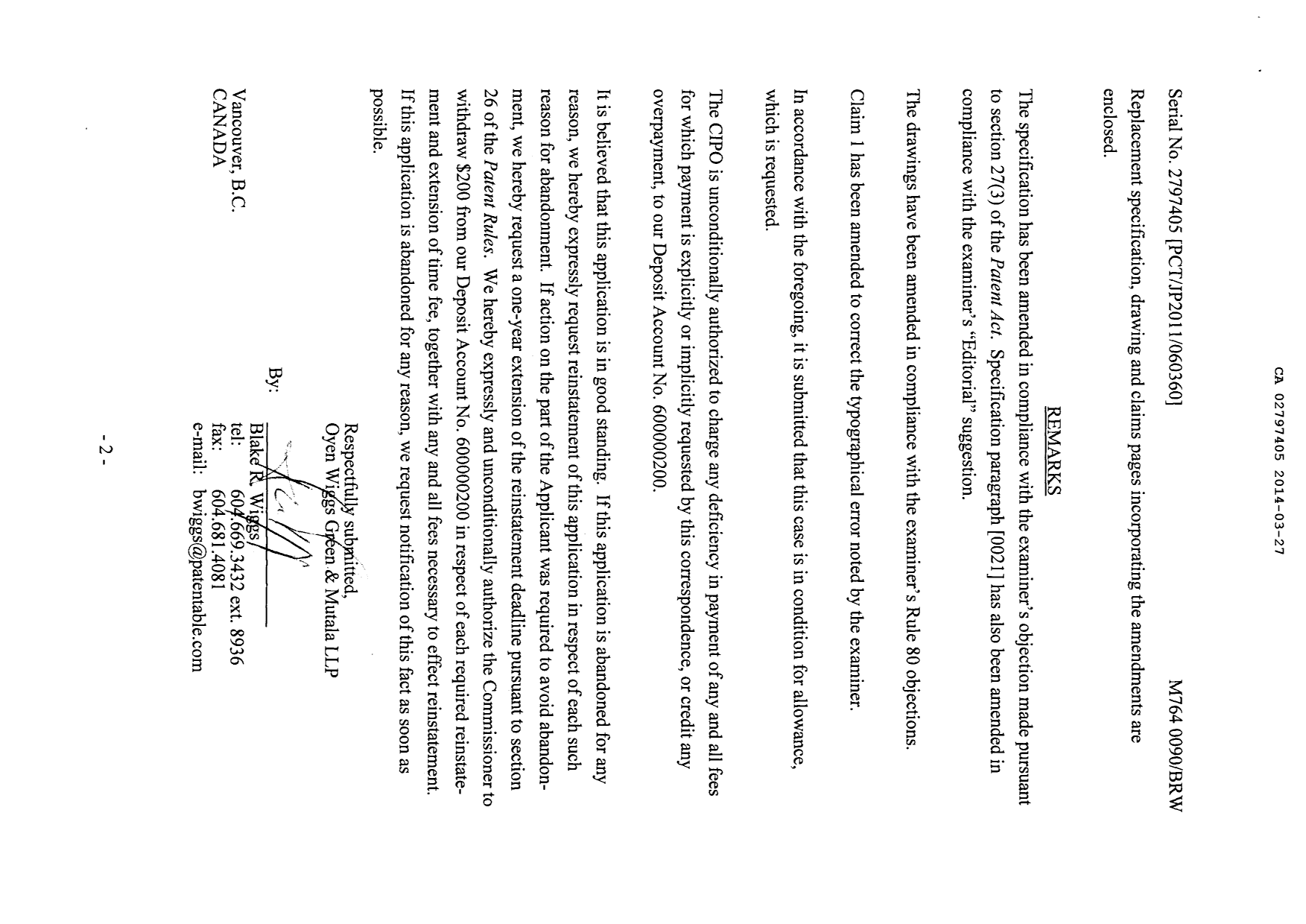 Canadian Patent Document 2797405. Prosecution-Amendment 20140327. Image 2 of 10