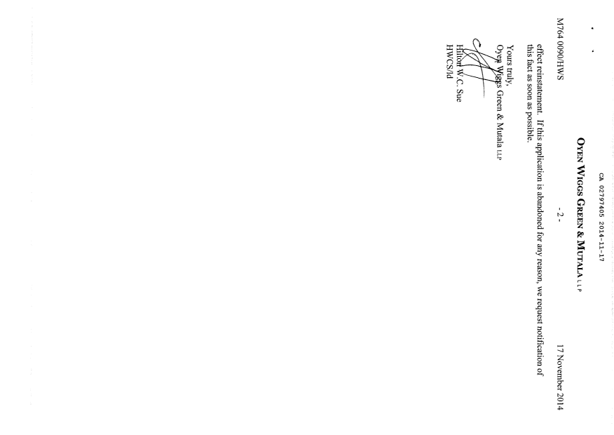 Document de brevet canadien 2797405. Correspondance 20141117. Image 2 de 2