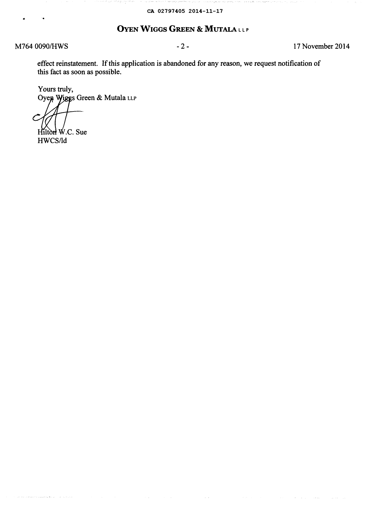Document de brevet canadien 2797405. Correspondance 20141117. Image 2 de 2