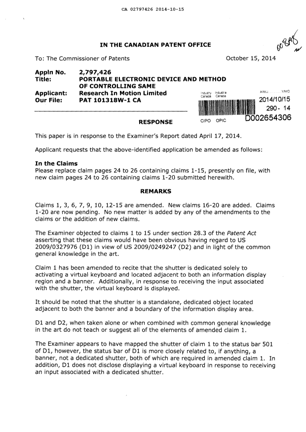 Canadian Patent Document 2797426. Prosecution-Amendment 20141015. Image 1 of 6