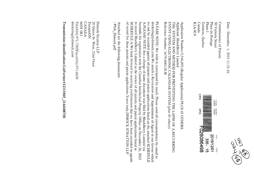 Canadian Patent Document 2797426. Correspondence 20151201. Image 1 of 3