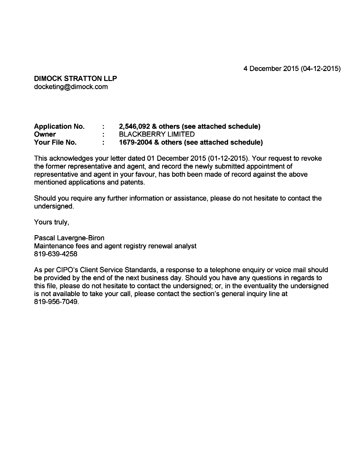 Canadian Patent Document 2797426. Office Letter 20151204. Image 1 of 2