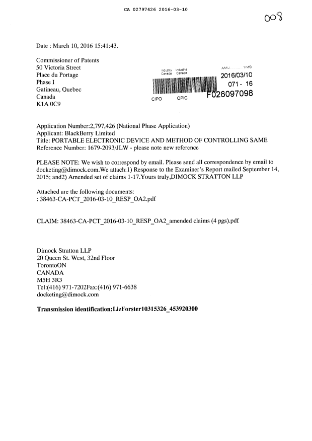Document de brevet canadien 2797426. Modification 20160310. Image 1 de 7