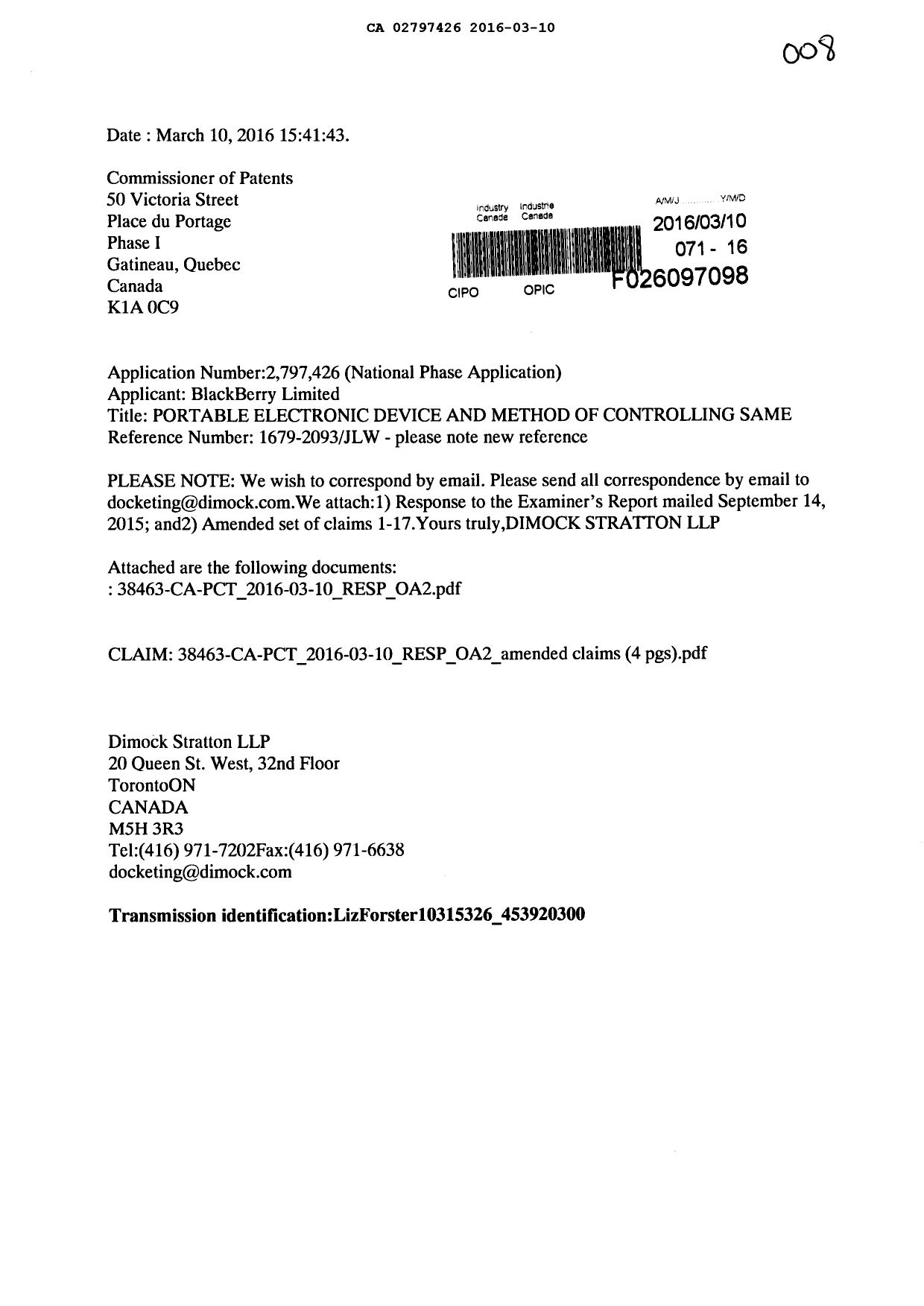 Canadian Patent Document 2797426. Amendment 20160310. Image 1 of 7