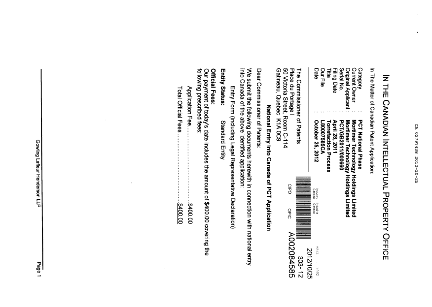 Document de brevet canadien 2797438. Cession 20121025. Image 1 de 3