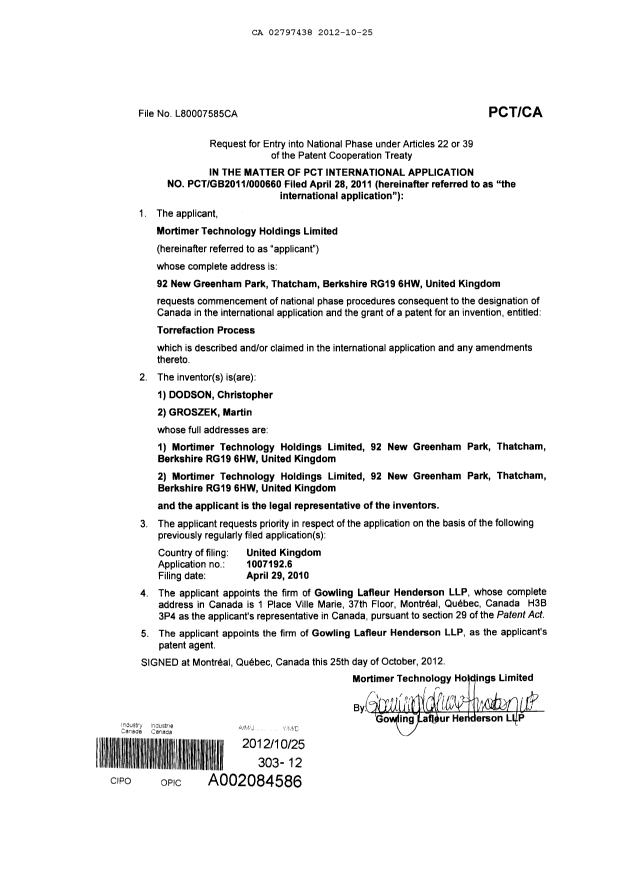 Document de brevet canadien 2797438. Cession 20121025. Image 3 de 3