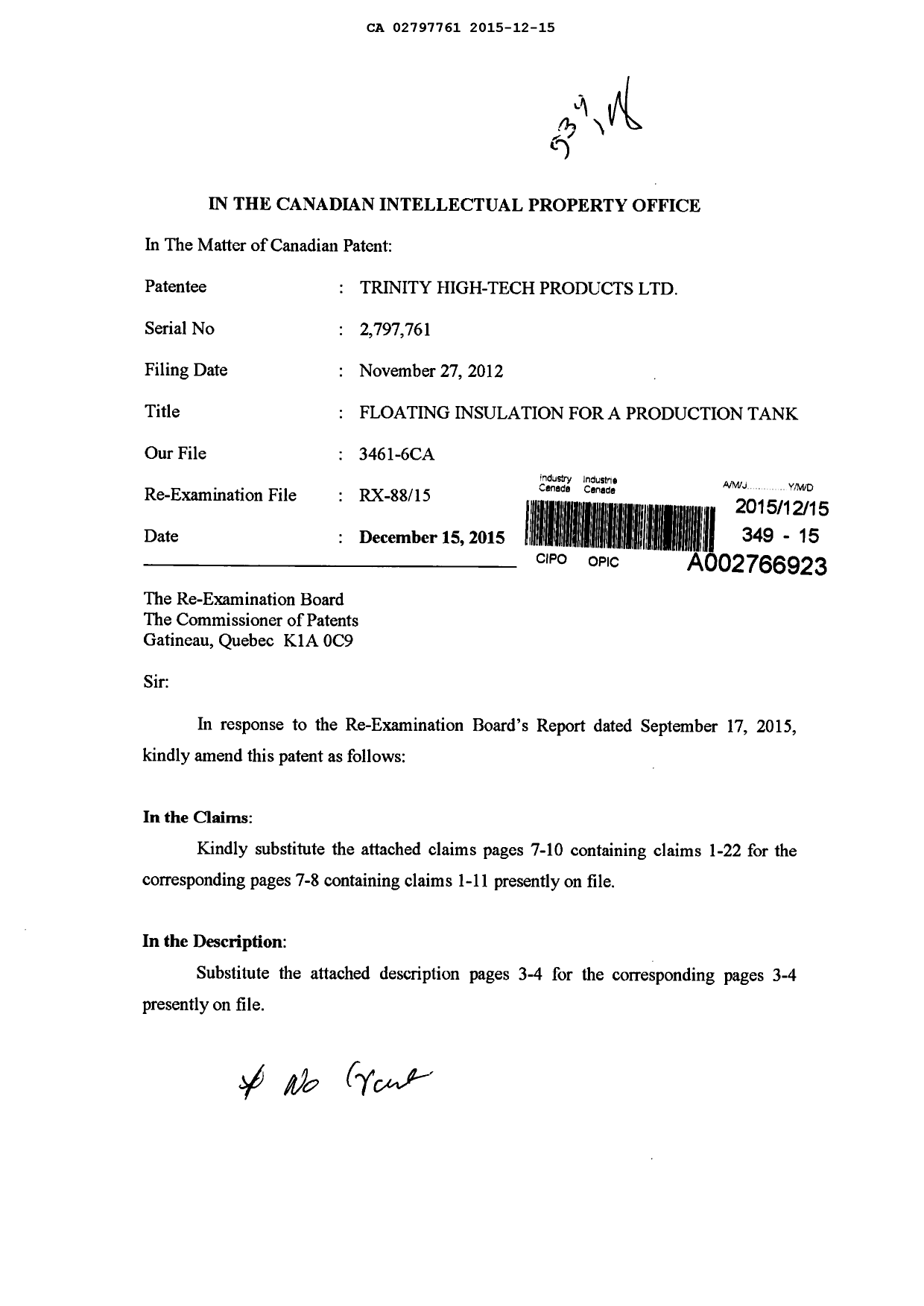 Document de brevet canadien 2797761. Poursuite-Amendment 20141215. Image 1 de 17