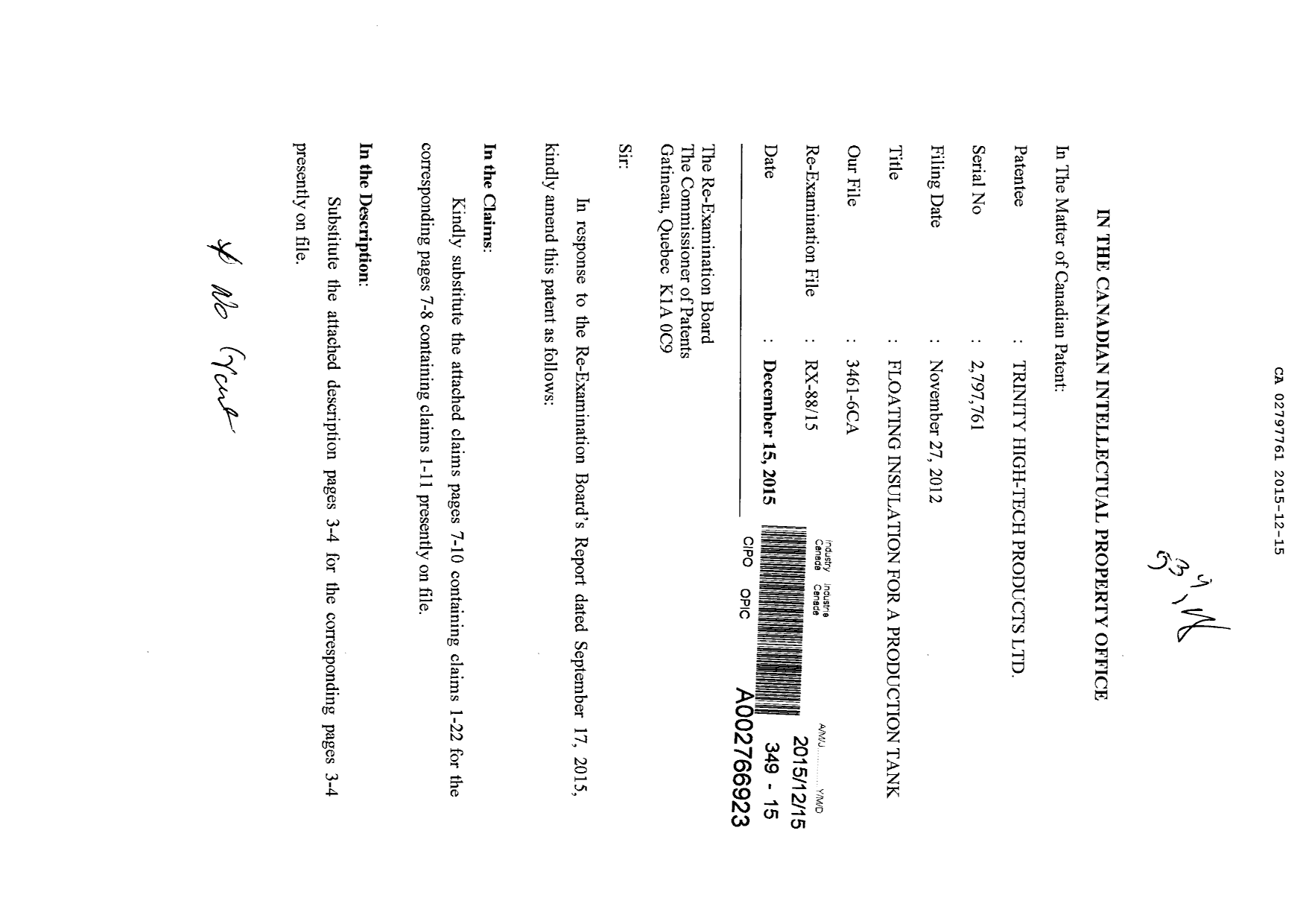 Document de brevet canadien 2797761. Poursuite-Amendment 20151215. Image 1 de 17