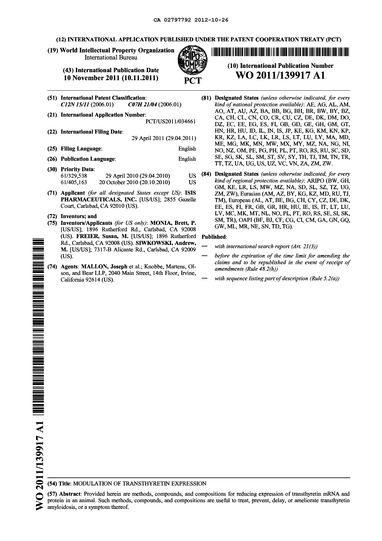 Document de brevet canadien 2797792. Abrégé 20121026. Image 1 de 1