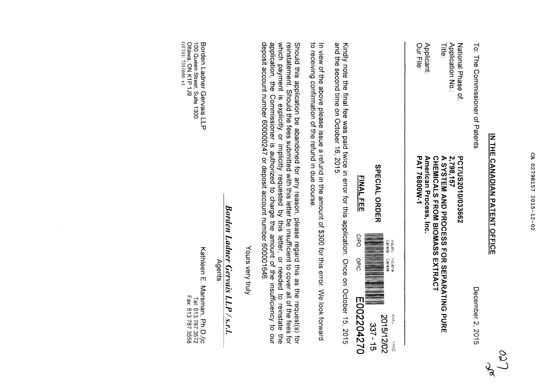 Canadian Patent Document 2798157. Correspondence 20141202. Image 1 of 1