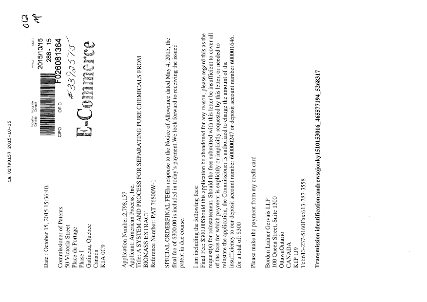 Document de brevet canadien 2798157. Correspondance 20141215. Image 1 de 1