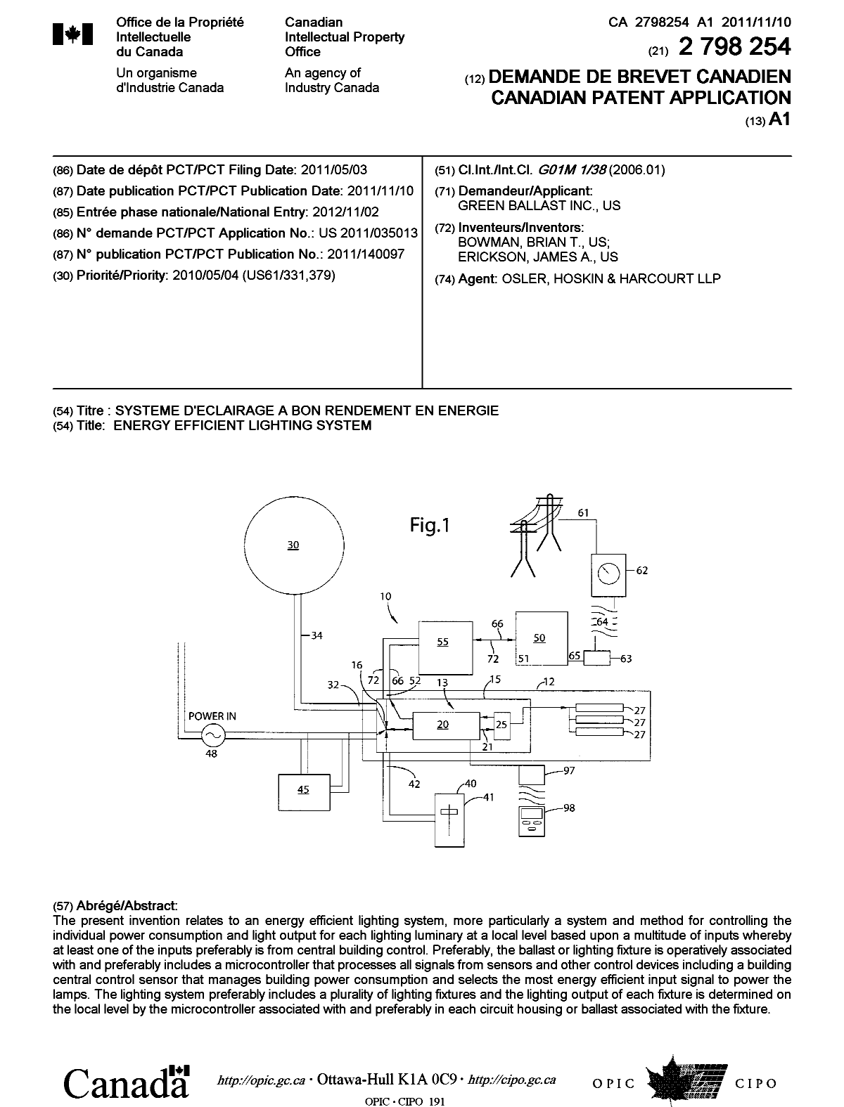 Document de brevet canadien 2798254. Page couverture 20130107. Image 1 de 1