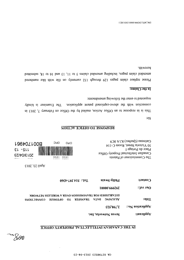 Canadian Patent Document 2798523. Prosecution-Amendment 20130423. Image 1 of 7